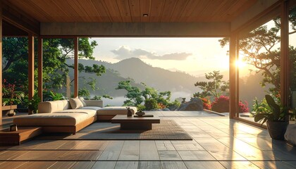 Fototapeta premium Modern Minimalist Living Room Interior With Wooden Ceiling And Large Windows Overlooking A Scenic Mountain Landscape At Sunrise Golden Hour Light