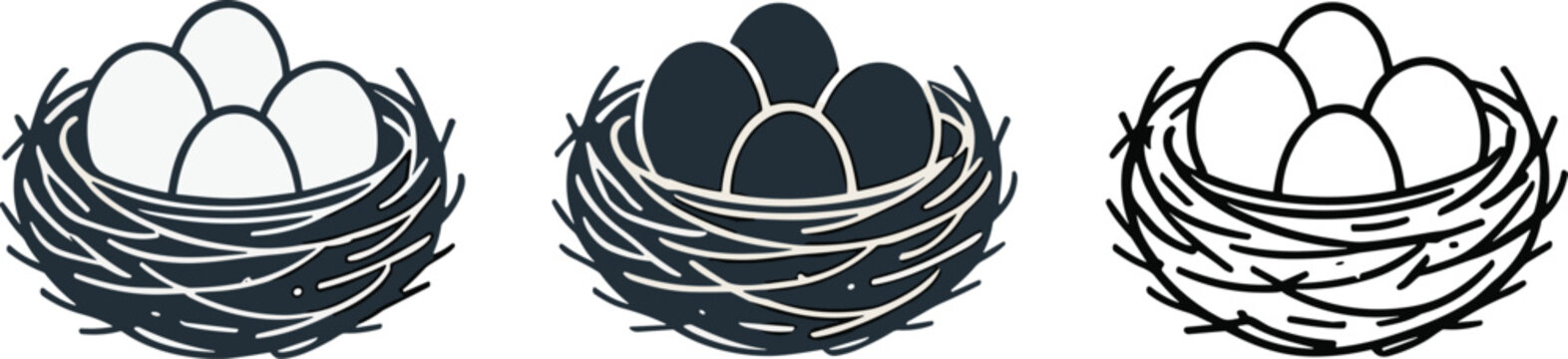 Set of Bird nest eggs, Chicken in nest, vector, icon