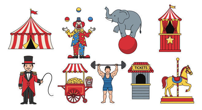 Circus Performance Elements: Tent, Clown, Elephant, Carousel, Ticket Booth, Strongman, Popcorn Cart