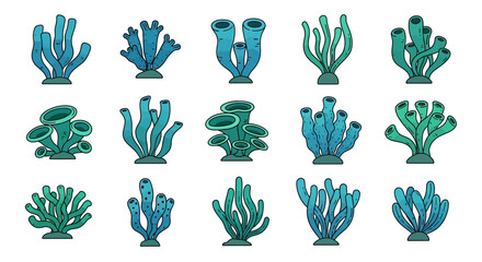 Collection of Diverse Blue and Green Coral Reef Organisms, Underwater Marine Life Illustrations © Azimo