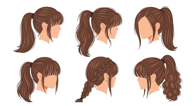 Collection of diverse female hairstyles, ponytails, braids, and bangs, vector illustration