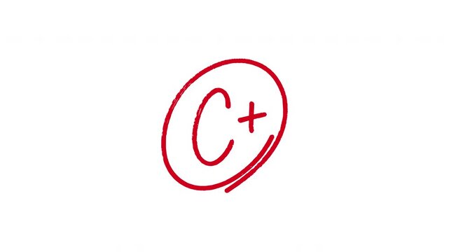Hand drawn red academic grade C plus with circle animation on transparent background representing fair results, student evaluation and educational success.