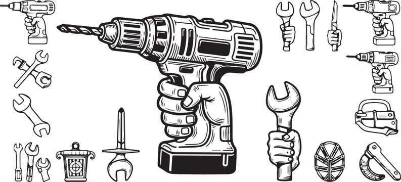 Handheld power drill and repair tools icon set with handyman