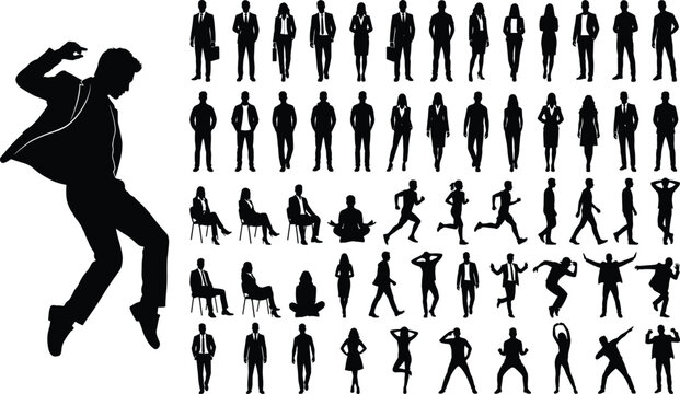 Silhouettes of diverse people jumping, walking, running, dancing, sitting, standing, posing in casual and professional postures for design illustration