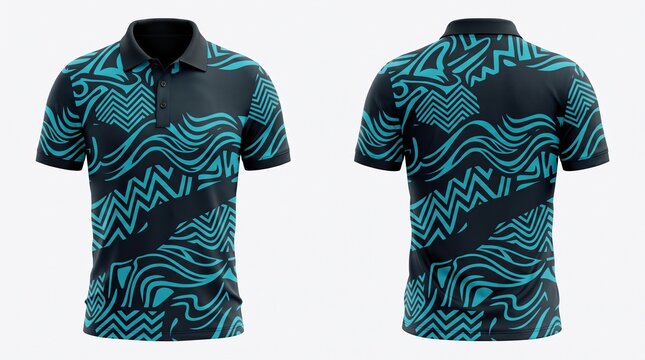 Front and back views of a short-sleeved blue and black polo shirt