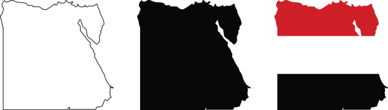 Egypt map outline, silhouette and flag isolated on white