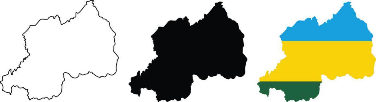 Set of rwanda map outlines and flag map