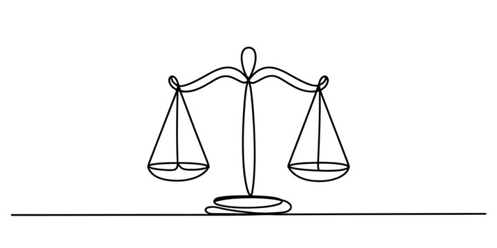 Continuous line drawing of a law scale of justice isolated on white background, Vector