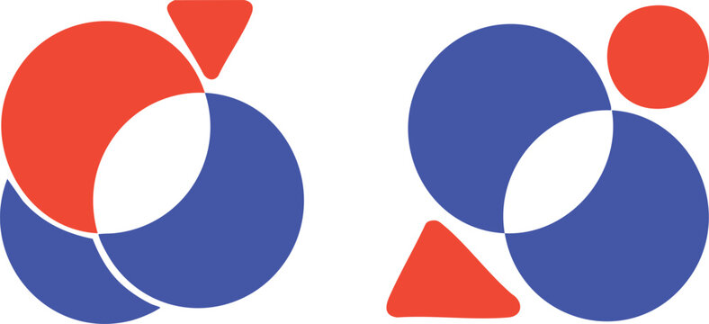 Vibrant geometric shapes in red and blue on a white background
