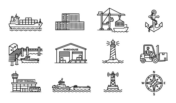 Marine port outline vector icon set with shipping harbor and logistics symbols