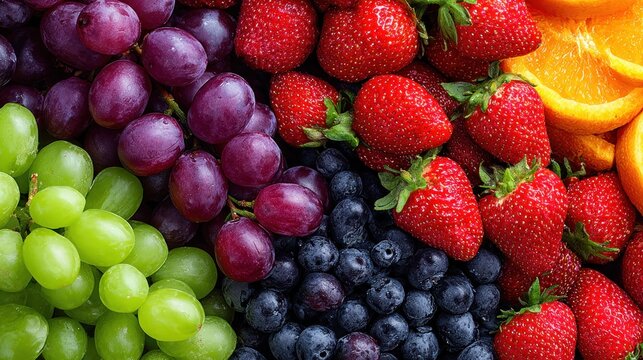 Abundant assortment of fresh green grapes, purple grapes, strawberries, blueberries, and orange slices fills the frame.
