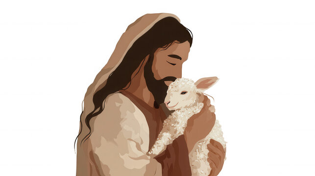 Good shepherd jesus christ embracing a lamb, representing divine love background transparent protection