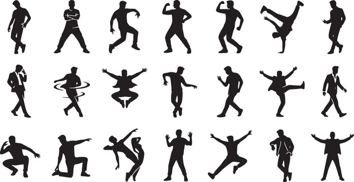 20 Urban Handsome Male Dance Silhouettes - Street & Hip-Hop Style Vector.