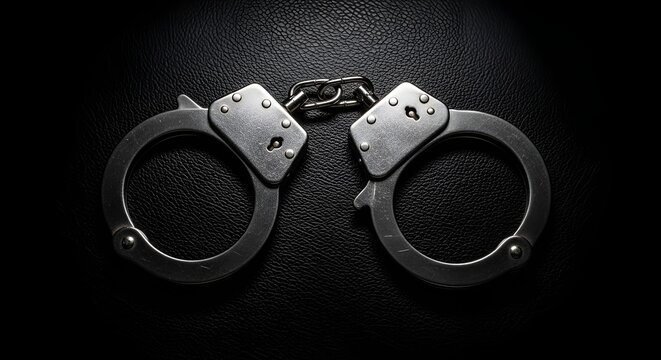 Metal Handcuffs Close-up on Dark Textured Background, Symbol of Law and Justice