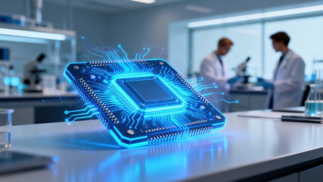 Lab with glowing circuit board