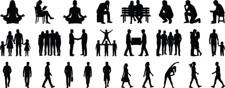 Silhouettes of people sitting, meditating, reading, walking, shaking hands, carrying objects, families, couples, dynamic postures for design illustration
