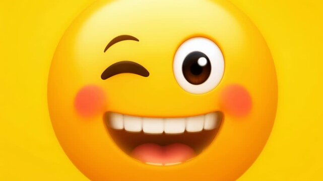 Close up of a single yellow winking emoji face with a big smile on a solid yellow background