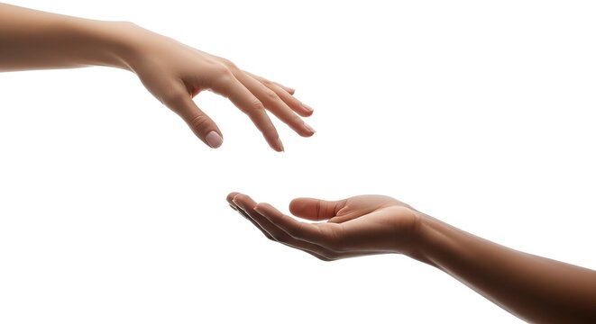 Reaching Hands, Offering Support, Connection, Help, Care, White Background