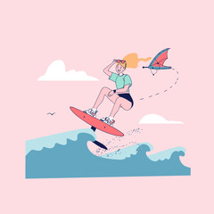 Joyful Wingfoil Athlete Catching Air Over Ocean Waves © Edik