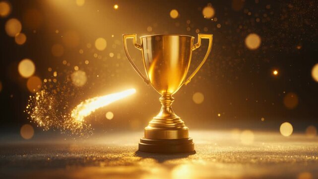 Shiny golden trophy receiving a glowing trail of magical particles against a dark bokeh background