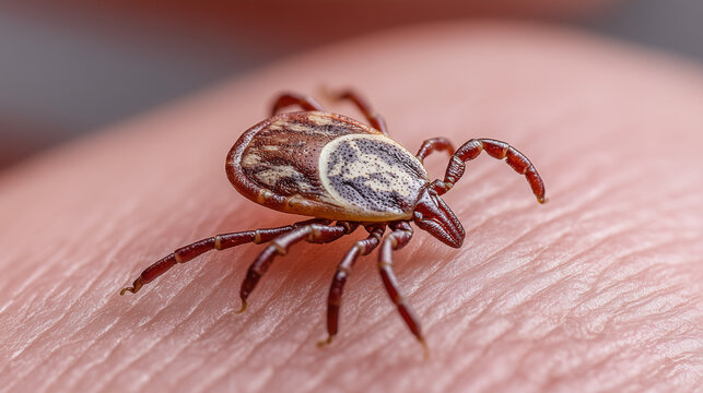 Closeup macro of tick parasite crawling on human skin with Lyme disease infection risk concept