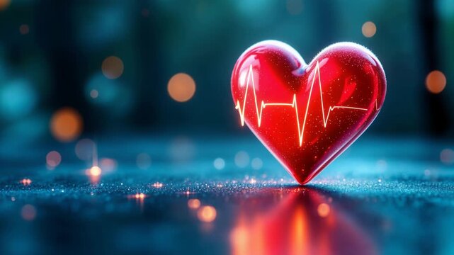 Red heart with a pulsing heartbeat line on a reflective surface with glowing bokeh particles