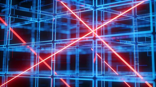 Glowing red neon laser beams traveling through an abstract blue wireframe grid on a dark background