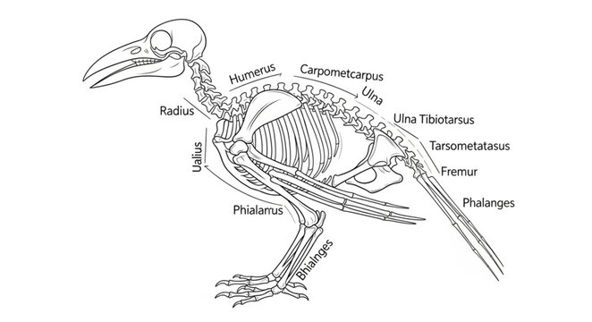 Detailed illustration of a bird skeleton with labels.