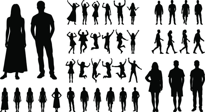 Silhouettes of people standing, walking, jumping, raising arms, expressive postures, diverse human movements for creative design illustration