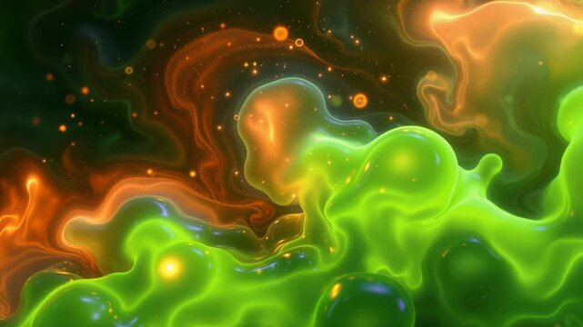 Viscous green and fiery orange substances interacting with glowing particles on a dark background