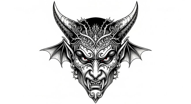 Detailed Illustration of a Demonic Creatures Face with Horns.