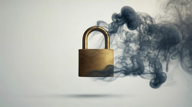 Golden padlock dissolving into a cloud of dark smoke on a white background, symbolizing vanishing security