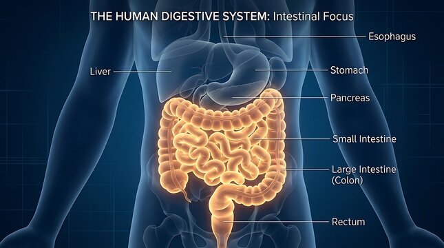 3D Human Digestive System Anatomy. Intestines Highlighted for Medical Education, Gut Health, & Scientific Content