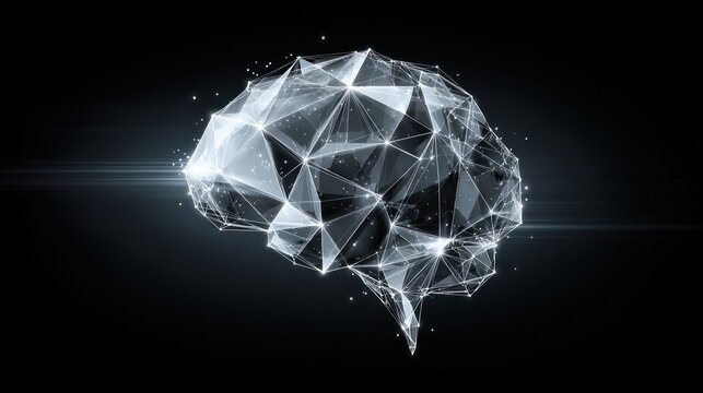 Digital representation of the human cerebrum constructed from glowing geometric shapes on a dark background