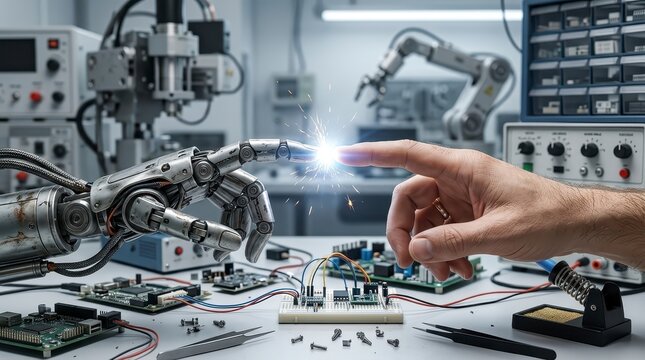 Human and robot hands touching with spark in a tech lab