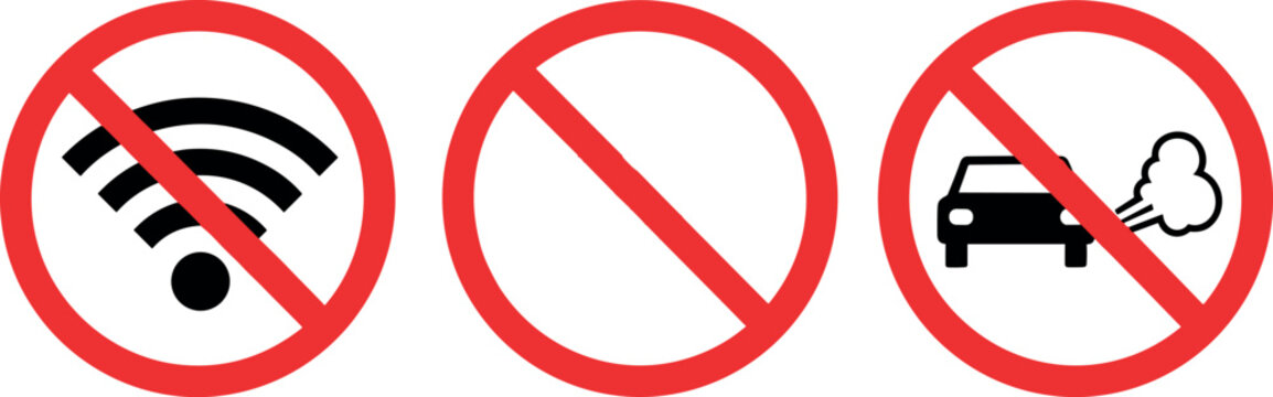 No Symbol Set Featuring Wi-Fi, Car Exhaust, and Pollution for Restrictions and Environmental Awareness"No" Symbol Set Featuring Wi-Fi, Car Exhaust, and Pollution for Restrictions and Environmental Awa