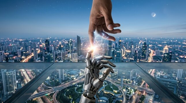Human hand connecting with robot hand over city skyline