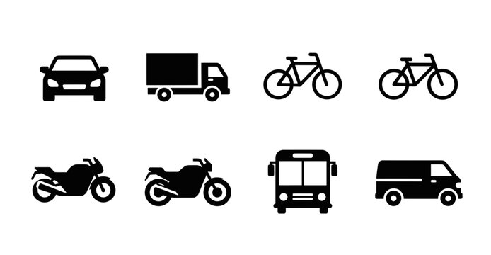 8 Transport icons car truck bicycle motorcycle bus van, outline solid styles, UI and web interface design