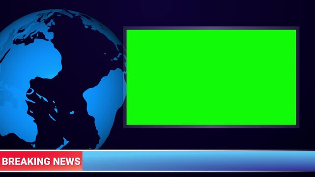 Looping broadcast news animation with rotating globe, chroma placeholder and breaking news banner. Television overlay for live media and global coverage projects.