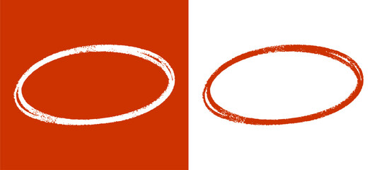 Hand drawn orange and red oval circle frames in chalk doodle style. Creative textured decorative elements for urban streetwear and graphic design. © dirtyfellas