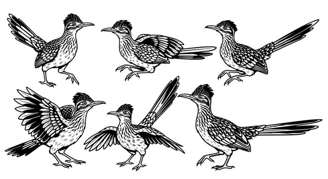 Bird illustration set of hummingbird-like finches with detailed wings and beaks, hand drawn engraving style for nature posters