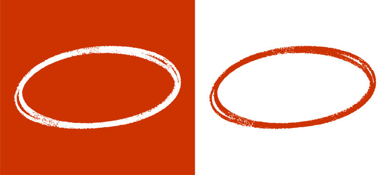 Hand drawn orange and red oval circle frames in chalk doodle style. Creative textured decorative elements for urban streetwear and graphic design.