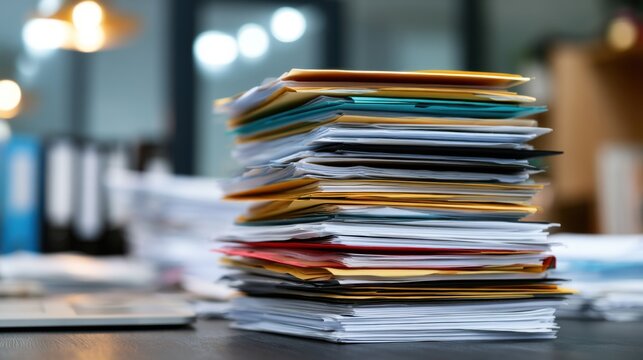 Large stack of disorganized paperwork and office files on a desk