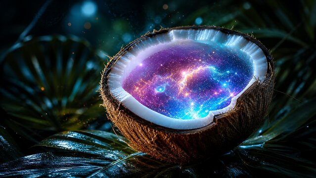 Halved coconut with a vibrant galaxy inside surreal cosmic concept photography high-quality
