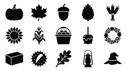 A collection of 15 black and white silhouette icons representing autumn and harvest themes, including a pumpkin, maple leaf, acorn, sunflower, and corn. © GJ