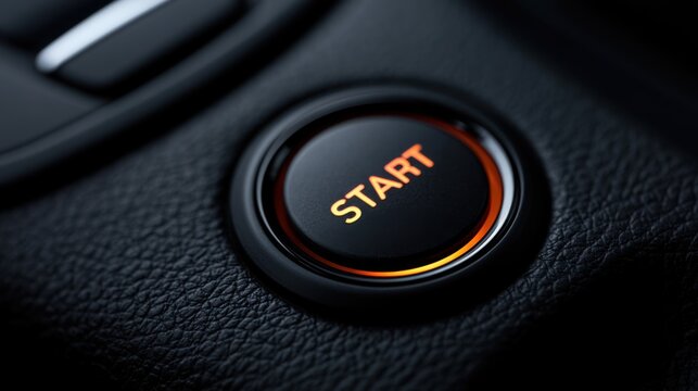 Close up of a modern car engine start stop button with orange illumination