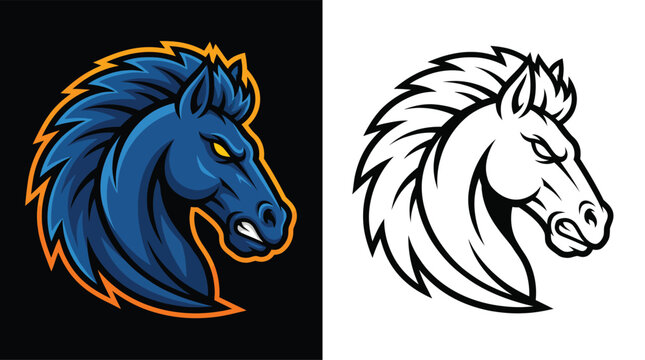 A fierce blue horse head mascot logo with glowing yellow eyes and an orange outline, presented alongside its black and white line art version.