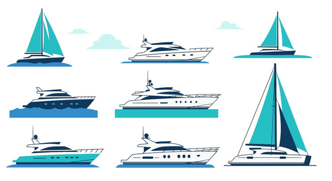 Collection of Modern Yachts and Sailboats on Water, Vector Illustration