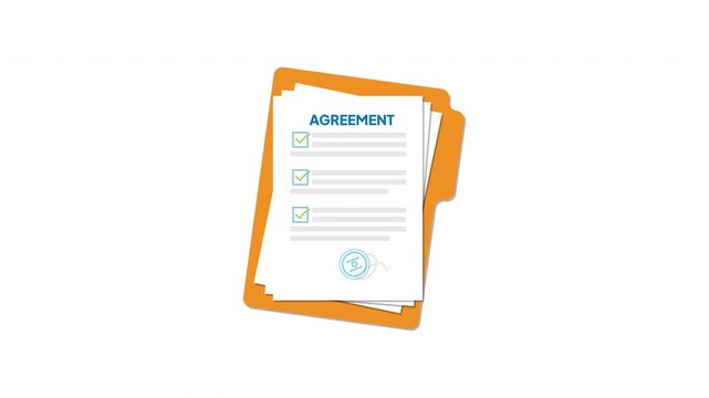 Flat design animation of an agreement document in a folder being signed and checked on transparent background representing contract, legal and business deal.