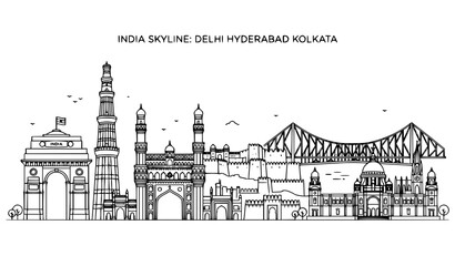 Obraz premium Outline India City Skyline Vector with Delhi Hyderabad and Kolkata Historic Landmarks